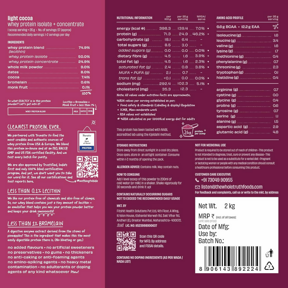 The Whole Truth Whey Protein Isolate+Concentrate - Light Cocoa  Grab2Buy The Whole Truth Grab2Buy