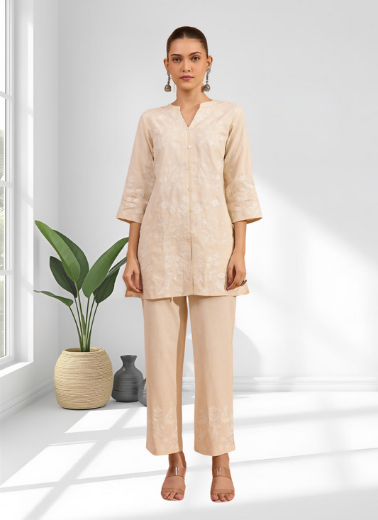 Joban Fashion Cream Linen Embroidered Readymade Cord Set