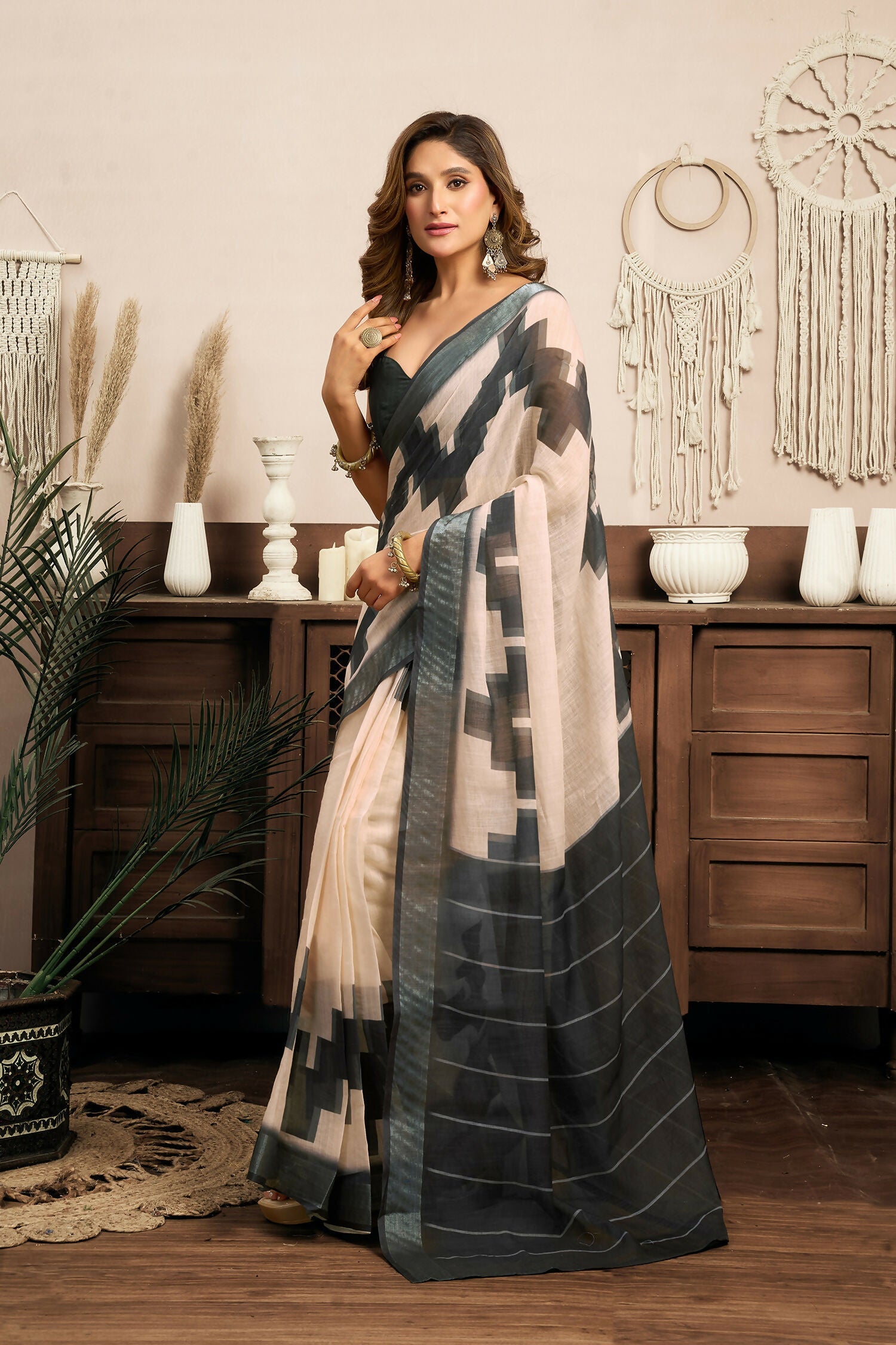 Joban Fashion White & Grey Ethnic Motifs Linen Ready To Wear Saree With Unstitched Blouse