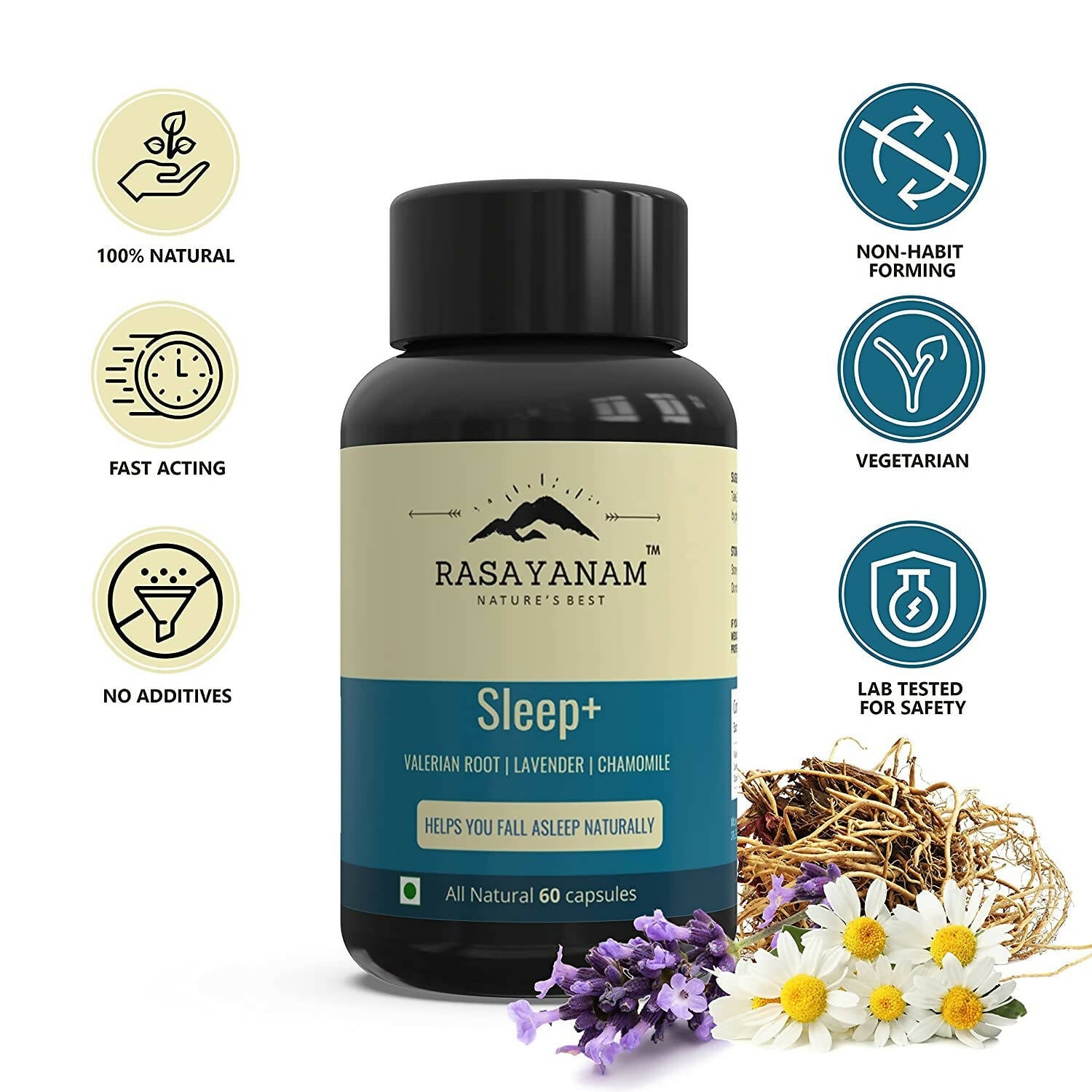 Rasayanam Sleep+ Capsules with Valerian Root, Lavender, Chamomile - Grab2buy