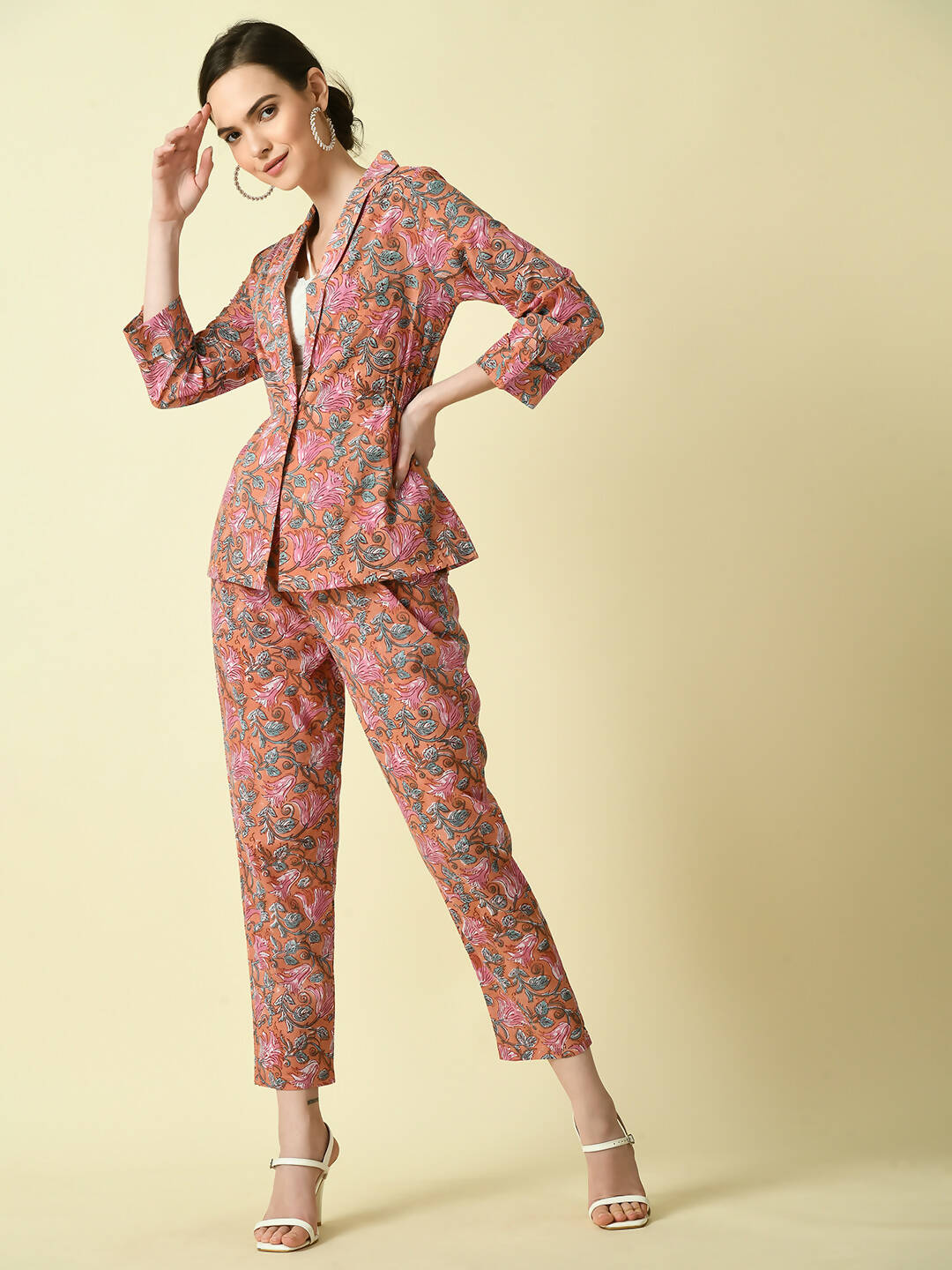 Myshka Women's Multi Shawl Neck Coat With Trousers