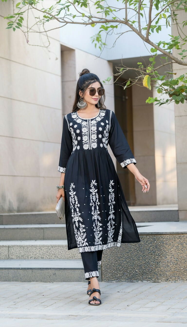 BulBul Arushi Black Rayon Kurta Set with Lucknowi Work 