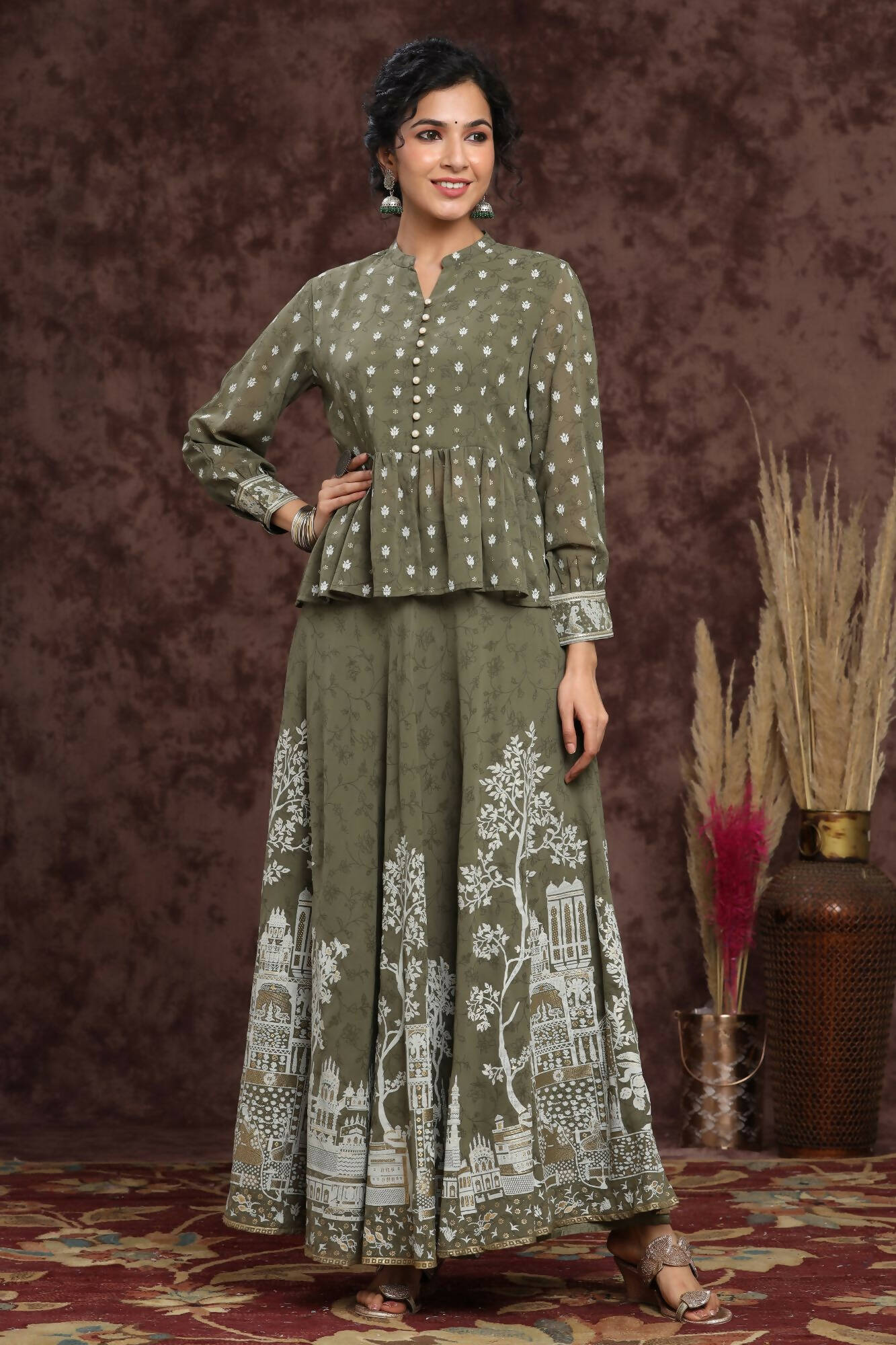 Juniper Women Olive Georgette Printed Flared Lehenga Choli Sets