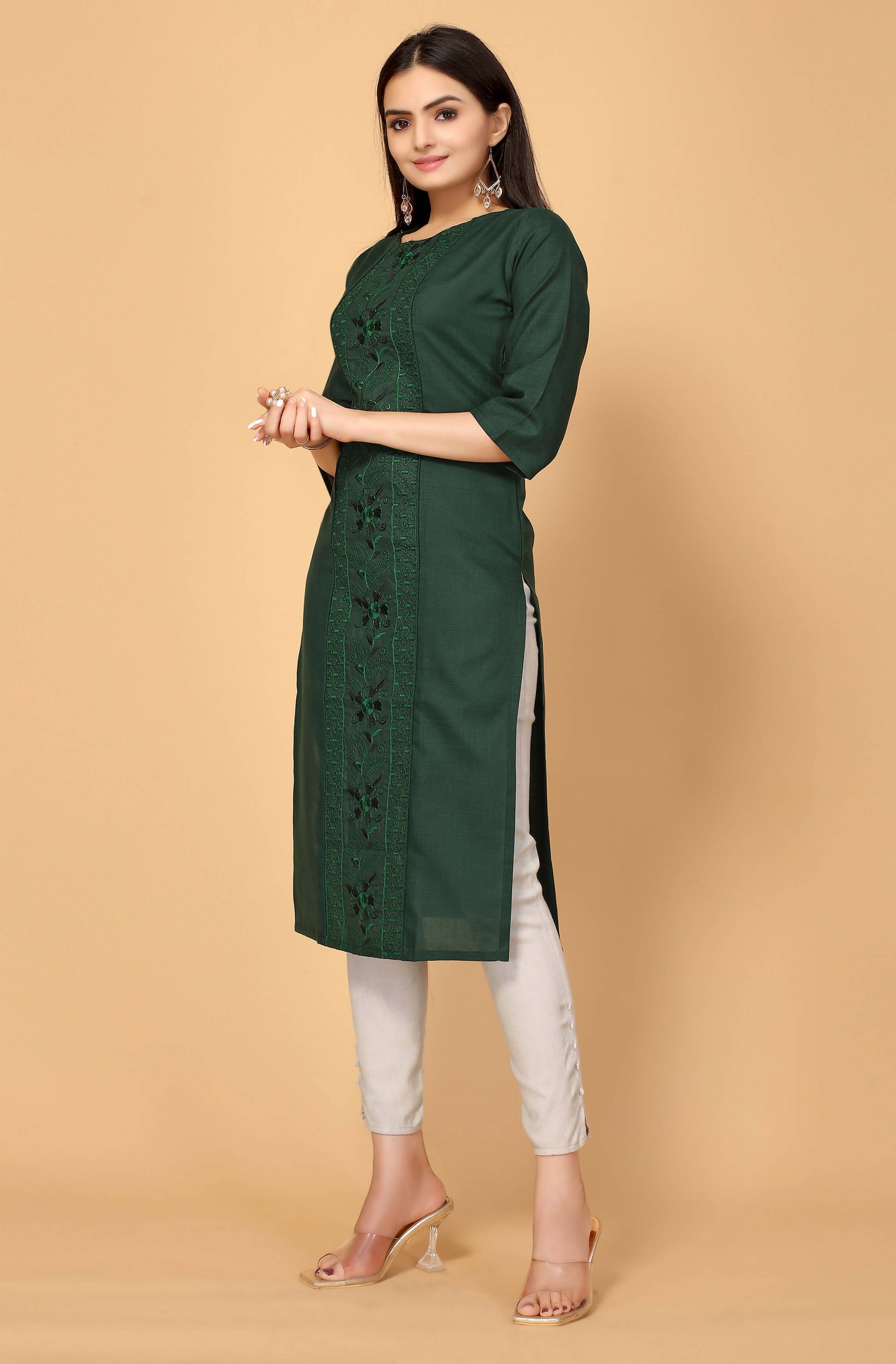 Dark Green Cottan Slub Embroidery Kurti - Umi