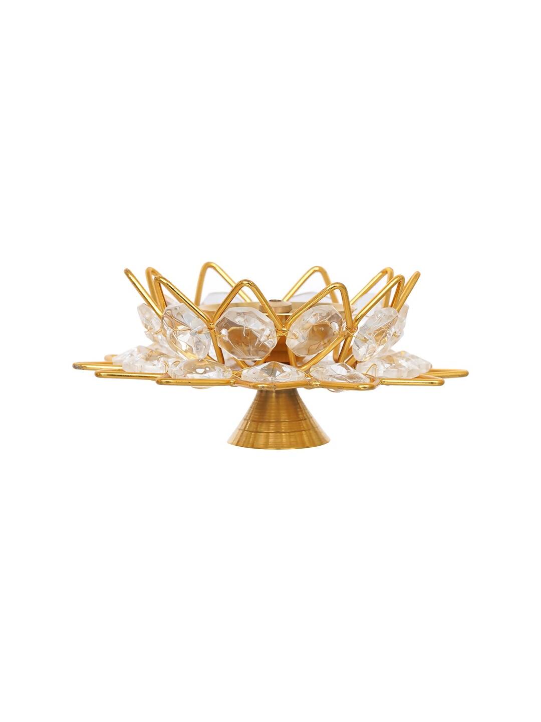 Grab2Buy Gold-Toned & White 2 Pieces Crystal Lotus Shape Brass Diyas 