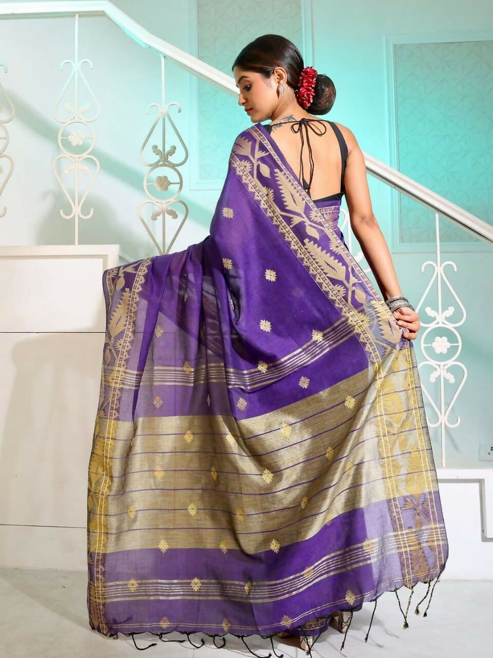 Exclusive Collection Beautiful Violet Pure Cotton Woven Handloom Grab2Buy With Running Blouse Piece 