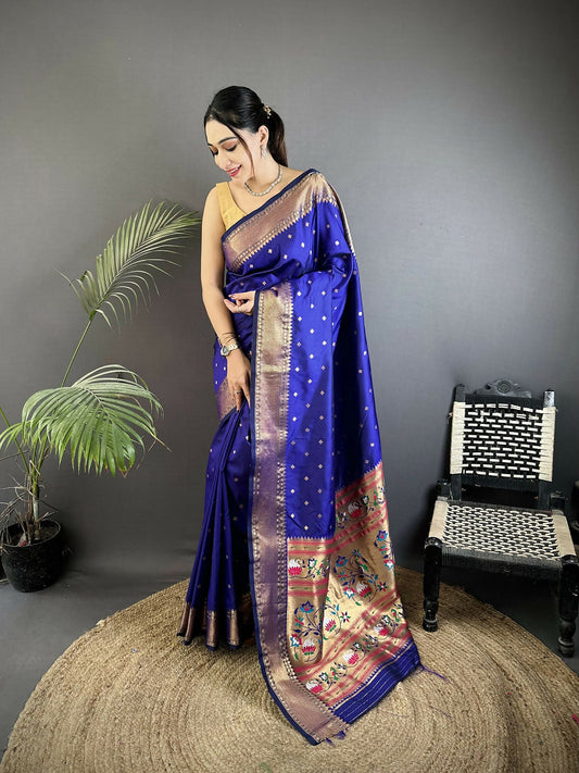 Joban Fashion Royal Blue Butti Woven Soft Lichi Silk Paithani Saree
