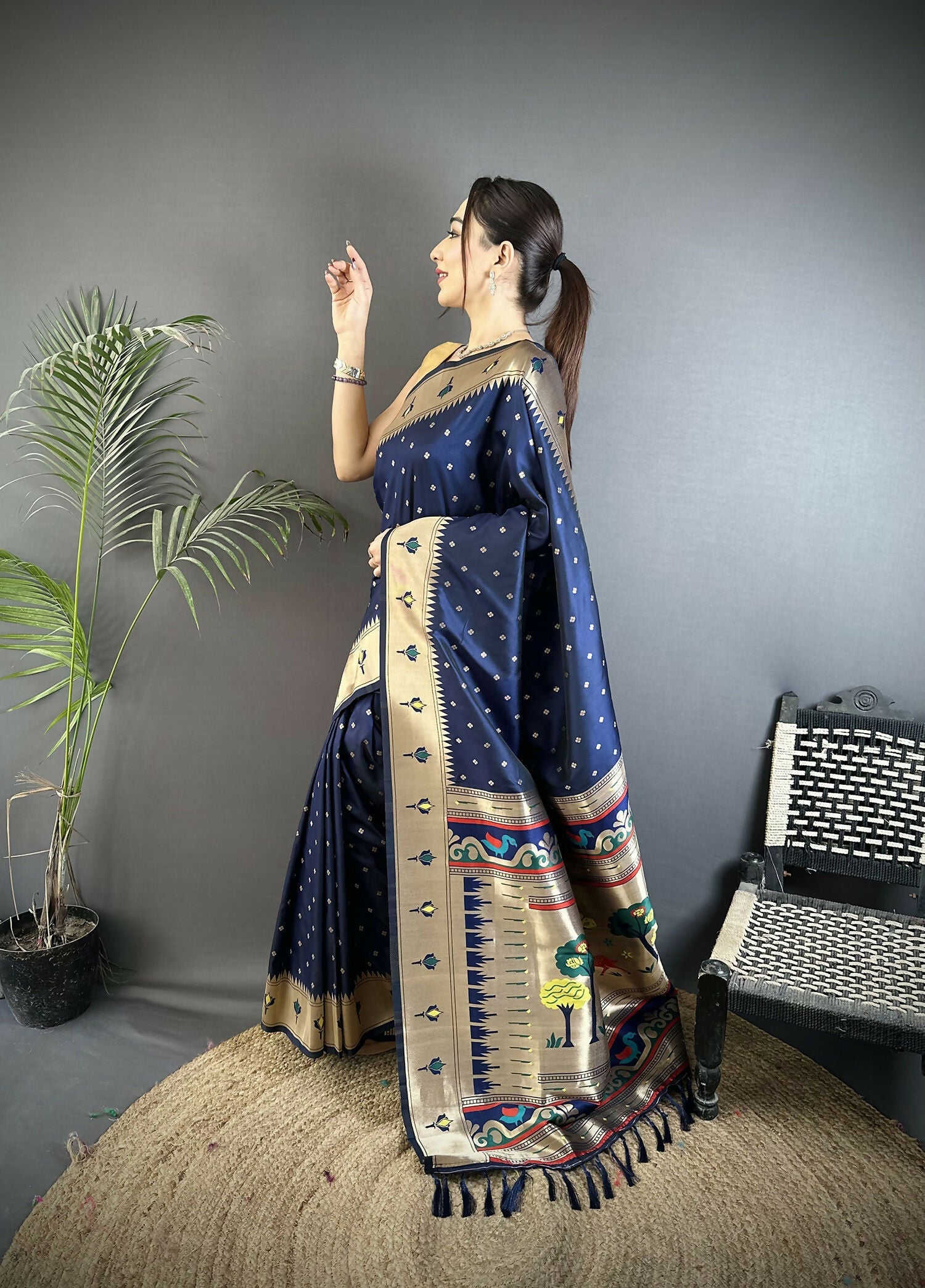 Joban Fashion Dark Blue Peacock & Floral Motifs Soft Lichi Silk Kanchipuram Saree