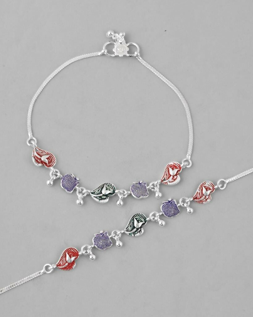 VOJ Set of 2 Silver Plated Designer Multi Color Anklet 