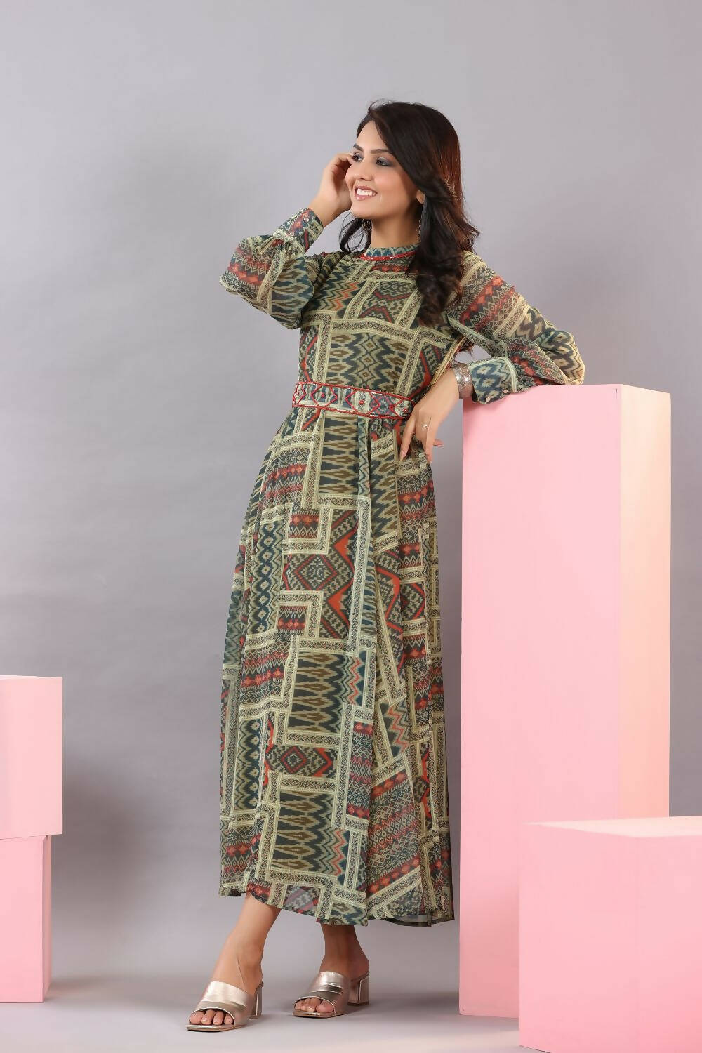 Juniper Women Green Chiffon Printed Maxi Dress