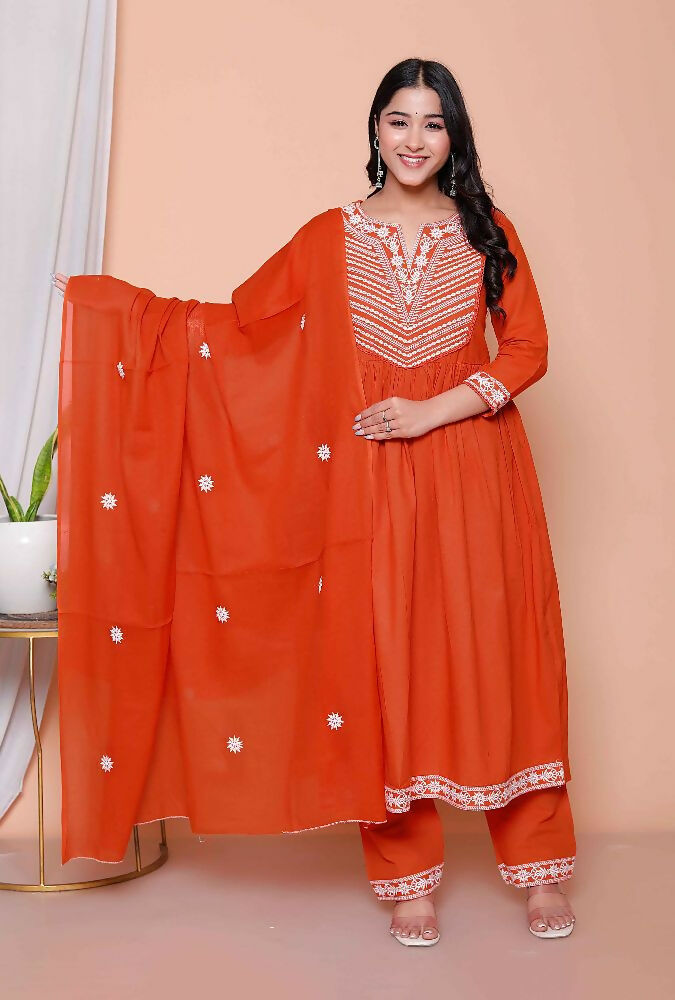 Miravan Womens Floral Embroidered Rust Straight Cotton Kurta & Palazzo With Dupatta Set