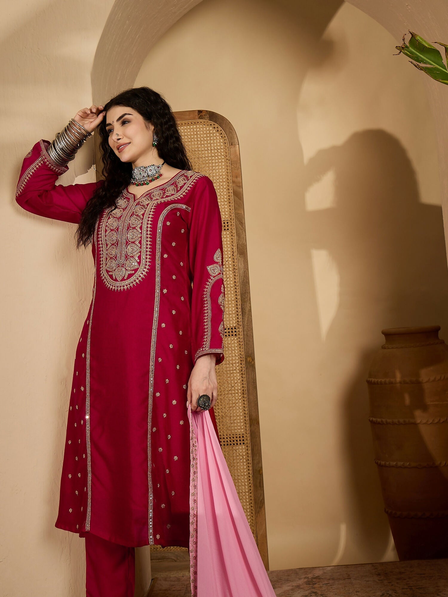Joban Fashion Embroidery Red Vichitra Silk Kurta Set