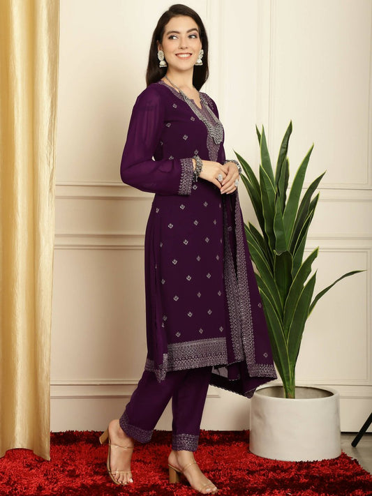 Aastha Fashion Women's Burgundy Georgette Resham Thread & Sequin Kurta with Trouser & Dupatta - Grab2buy