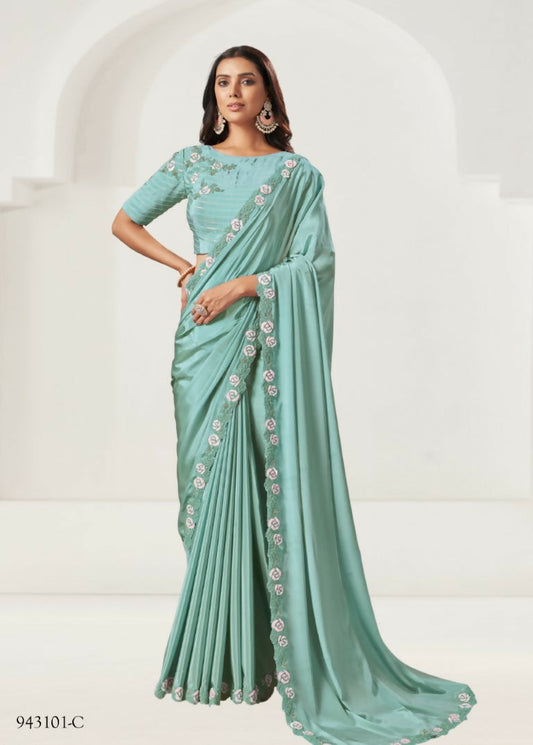 Sea Green Silk Crepe Cord Embroidered With Sequence Work Saree - Norita Nirali
