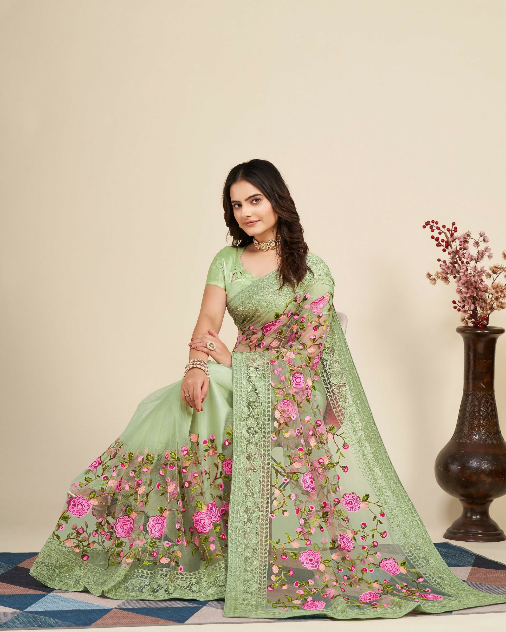 Teeya Creation Womens Latest Stylish Party Wear Soft Net Saree-Green