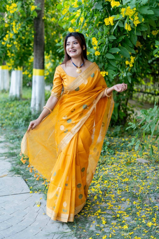 Aastha Fashion Yellow Woven Cotton Silk Saree with Blouse - Grab2buy