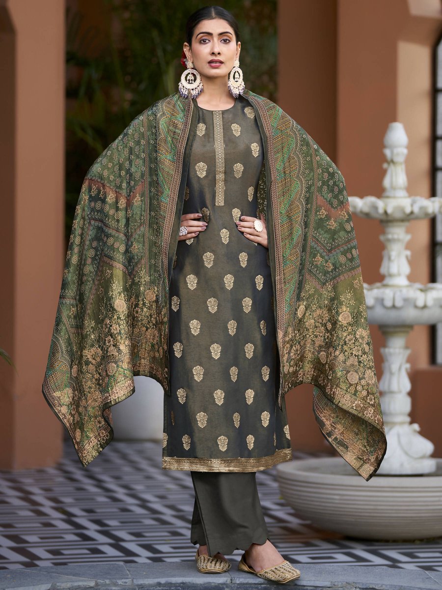 Aastha Fashion Women's Green Pure Silk Elegant Jacquard Woven Kurta with Trouser & Dupatta - Grab2buy