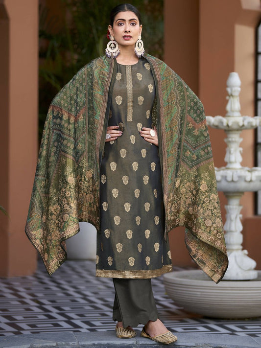 Aastha Fashion Women's Green Pure Silk Elegant Jacquard Woven Kurta with Trouser & Dupatta - Grab2buy