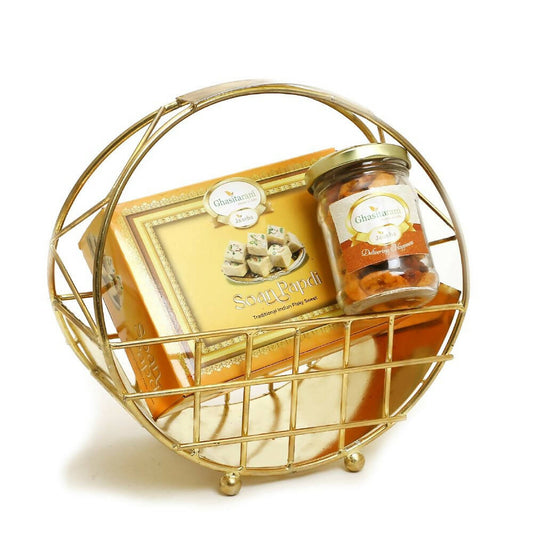 Ghasitaram Half Moon Metal Basket of Mix Dryfruits, Soan Papdi 