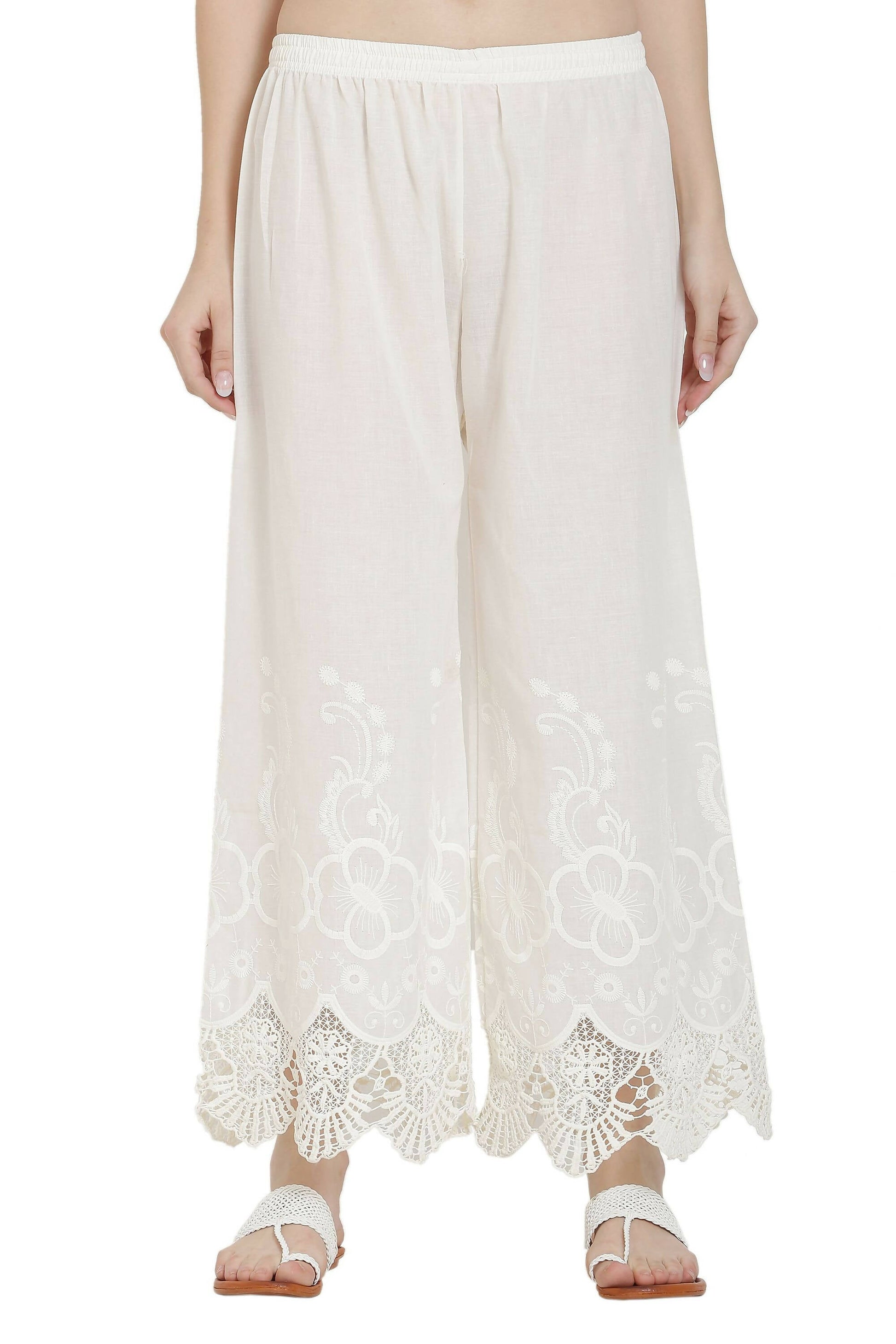 PAVONINE White Color Chikankari Lace Scalloped Hem Cotton Fabric Sharara