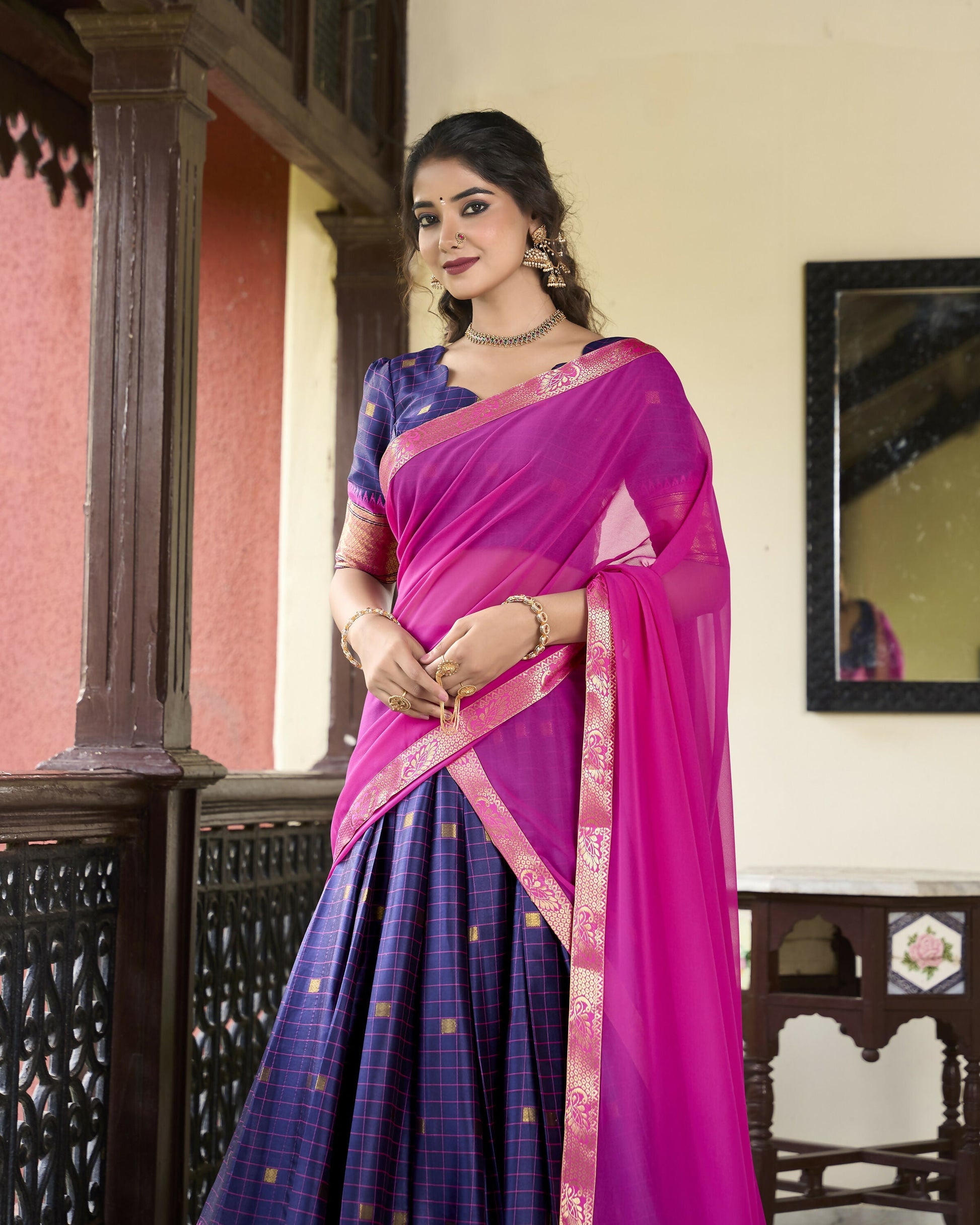 Lorenvalley Navyblue Cotton Silk Weaving Work With Paithani Concept Lehenga Choli 
