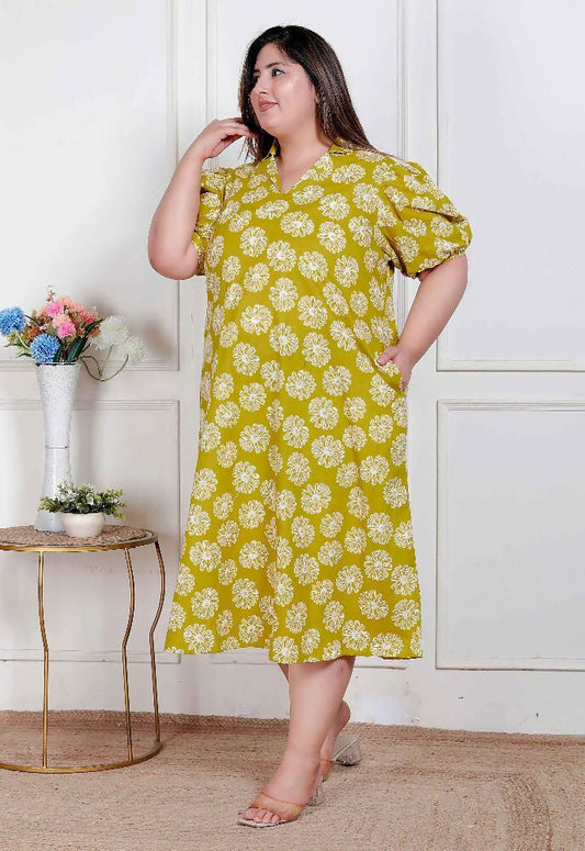 Miravan Plus Size Women'S Yellow Printed Puff Sleeve Floral Maxi Party Dress