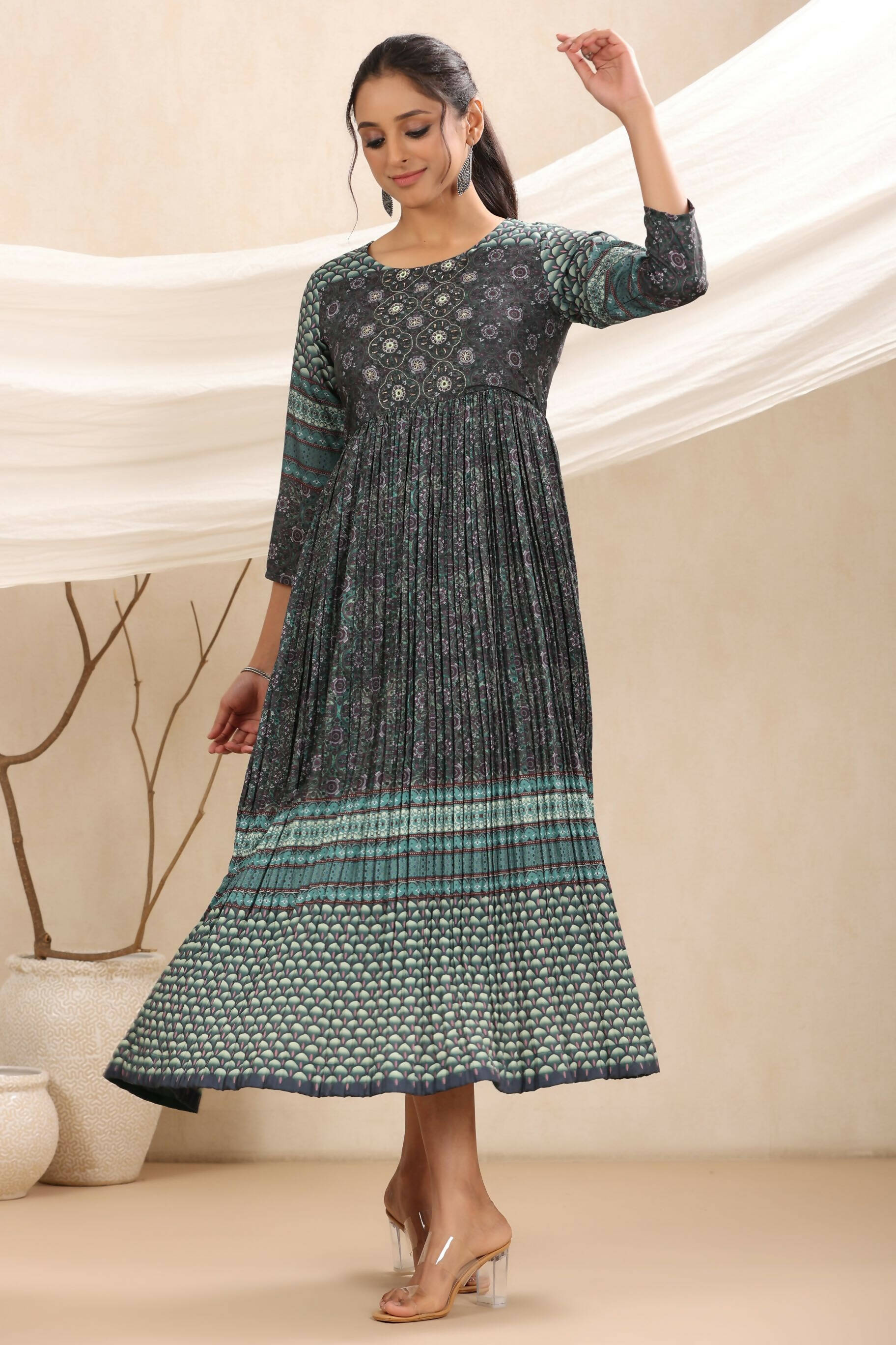 Juniper Bottle Green Muslin Festive Printed Flared Dress For Women