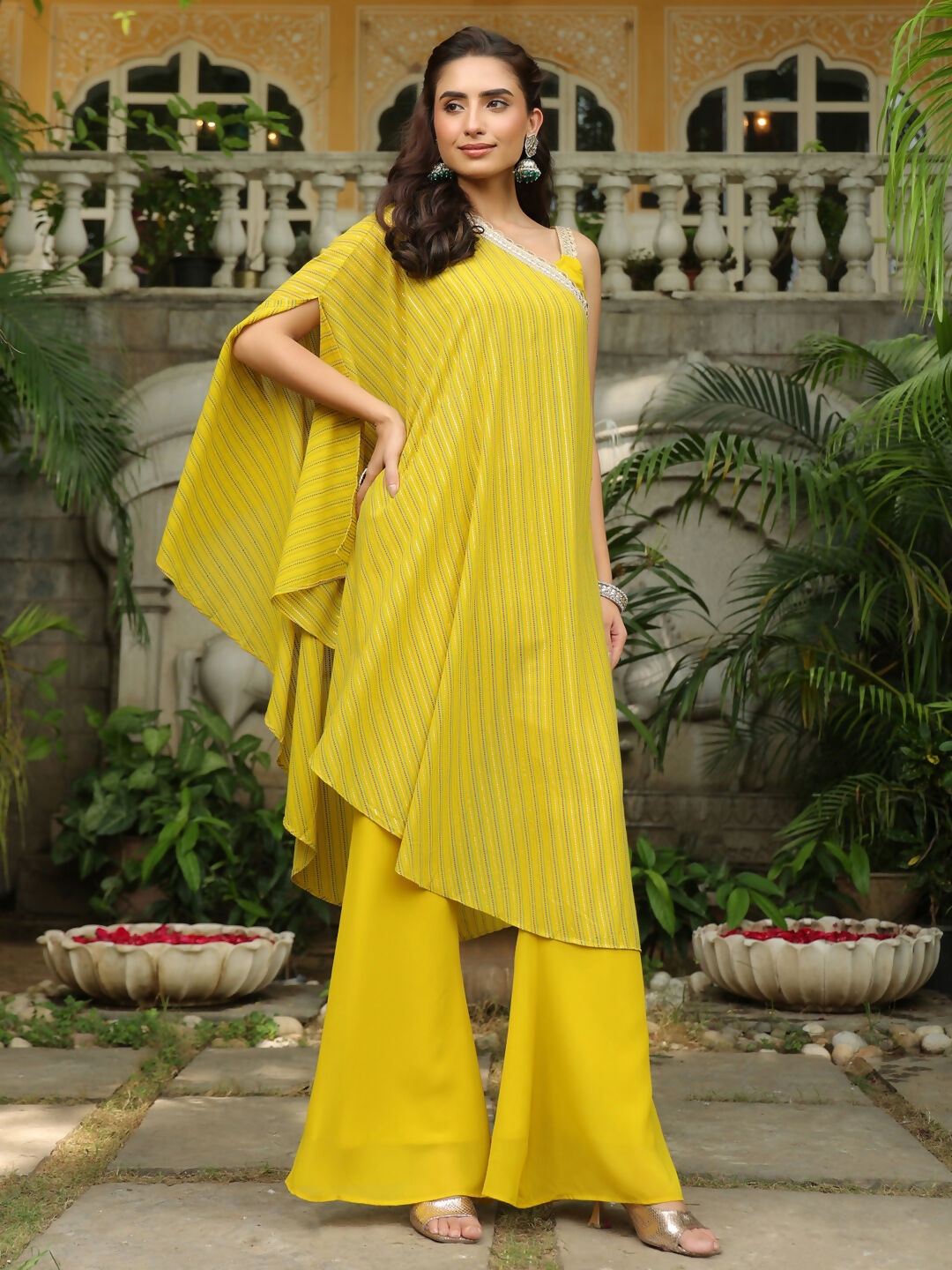 Janasya Yellow Georgette Solid Top Bottom Cape 