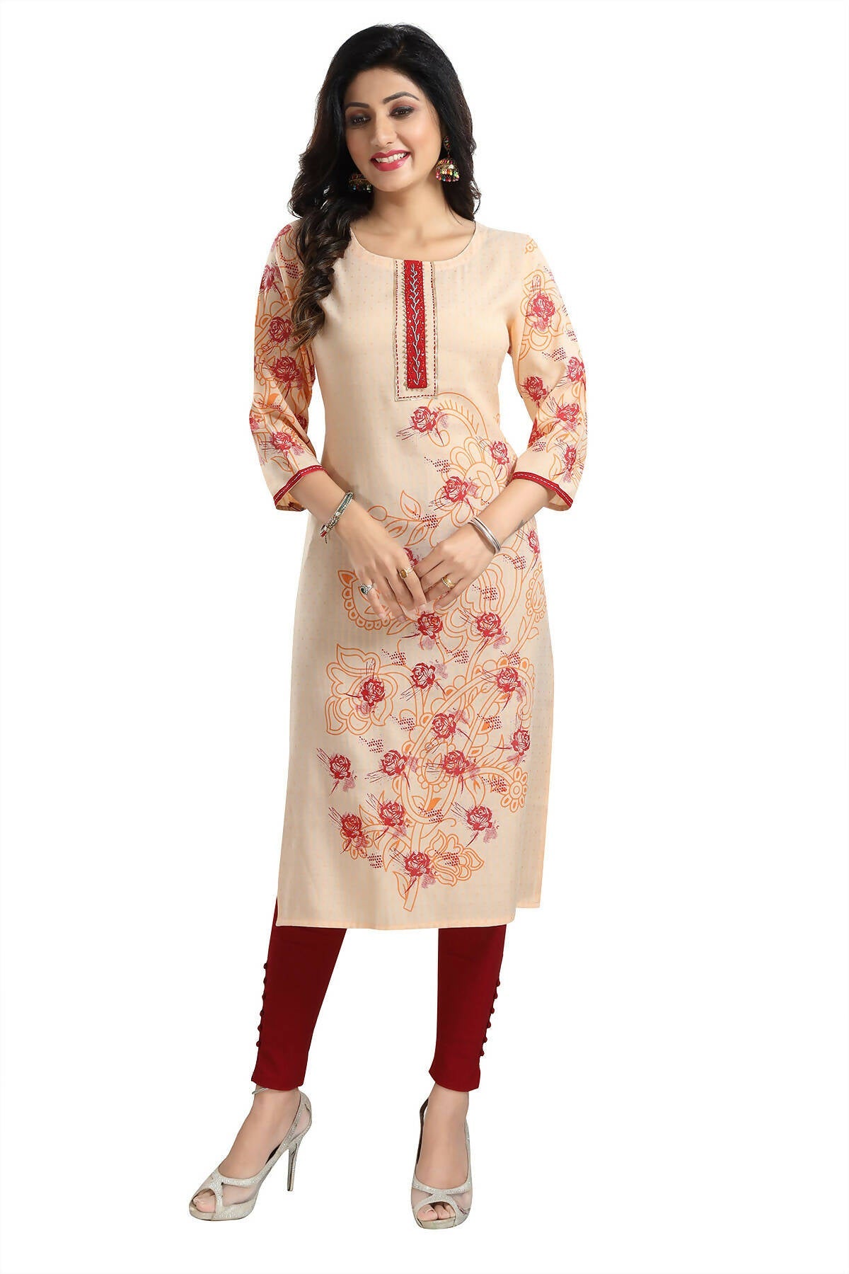 Snehal Creations Pleasing Peach Rayon Textured Print Long Kurta For Women