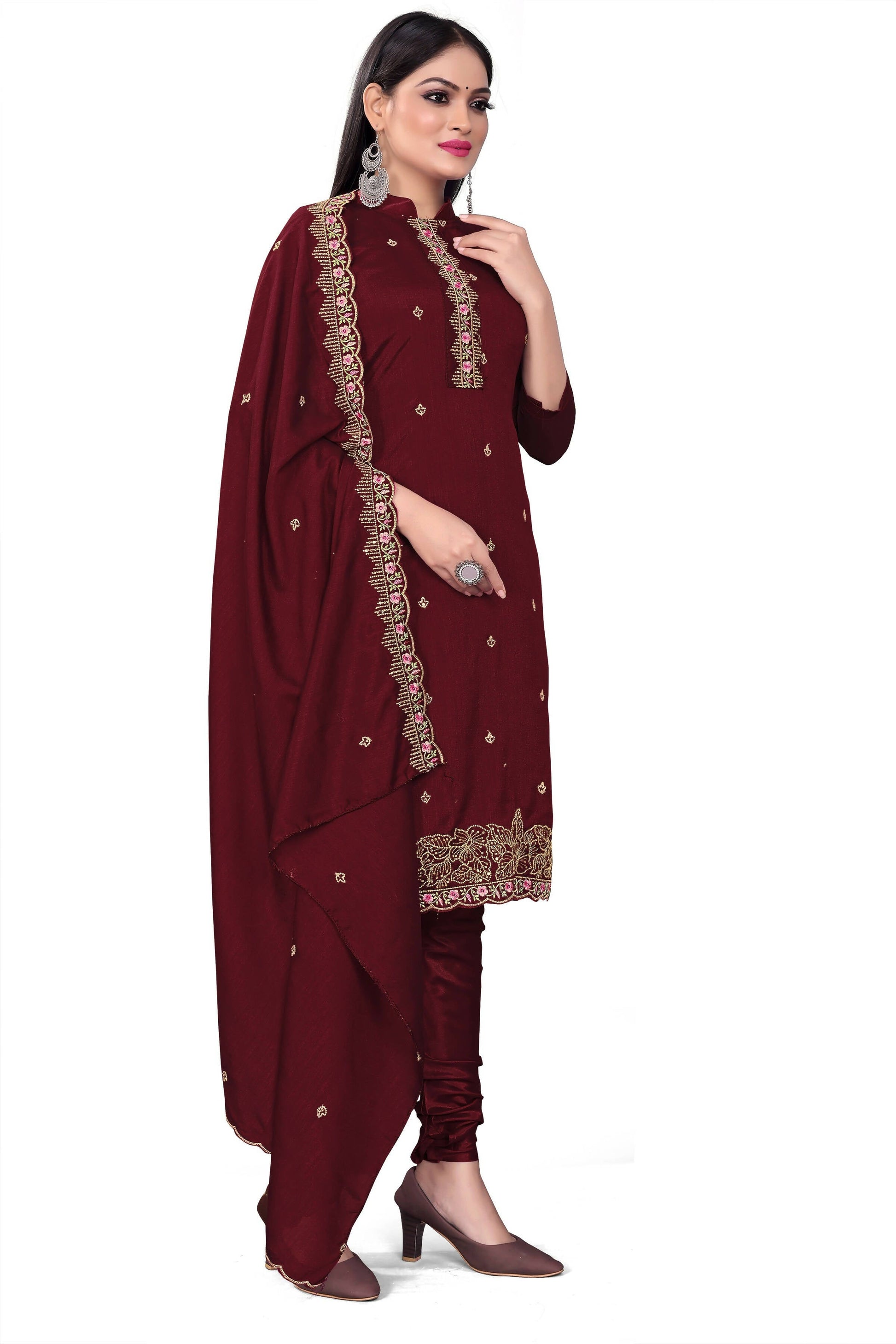 Maroon Silk Embroidered with Sequins work Unstitched Dress Material - Tanvi