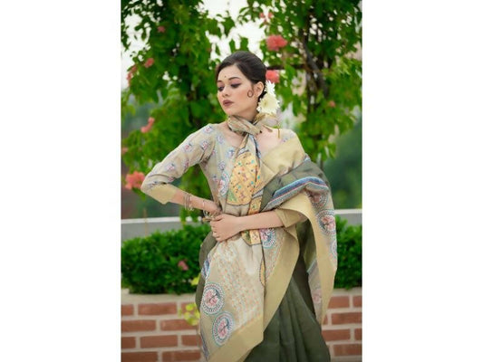 Aastha Fashion Women's Olive Tussar Silk Digital Printed Saree with Blouse - Grab2buy