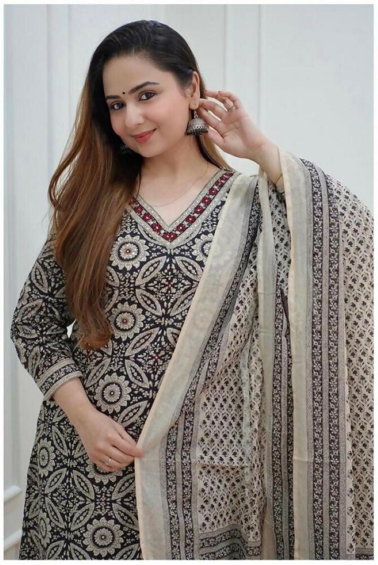 Alvano Anarkali Printed Kurti with Pant and Dupatta set for Women and Girls Rayon