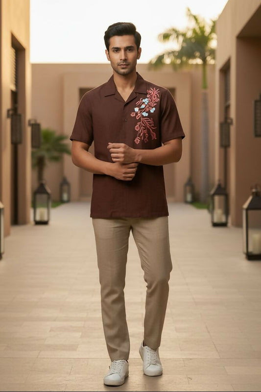 Solvra — Brown Floral Embroidered Cotton Shirt by Hilo Design