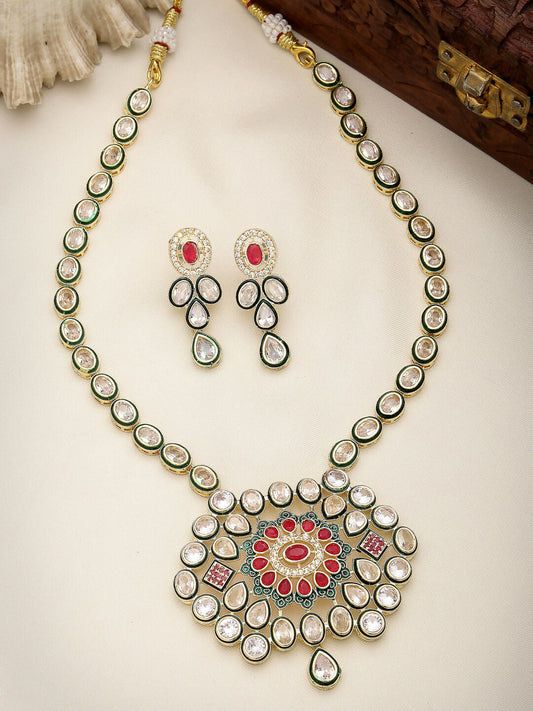 NVR Women's Red & Gold Kundan Studded Handcrafted Jewellery Set - Grab2buy