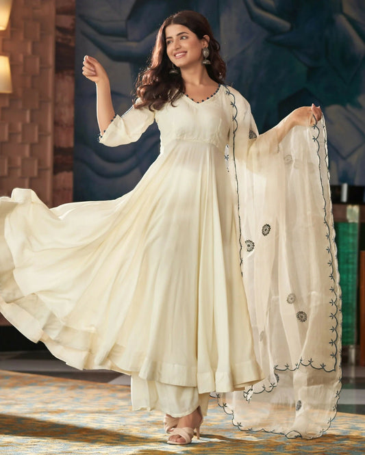 The52 CreamWomen's Gorgeous Embroidered Vichitra Silk Fabric Flared Kurta Pant with Dupatta Set | Grab2Buy