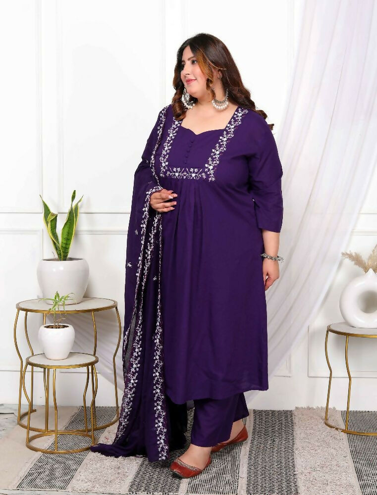 Miravan Womens Plus Size Purple Embroidered Kurta With Palazzo And Dupatta Set