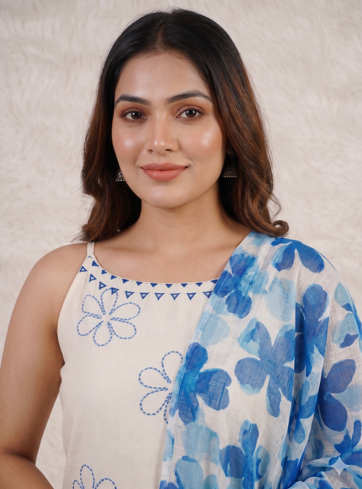 Teeya Creation Women’s Off-White Straight Cotton Kurta Pant Set with Floral Organza Dupatta Set