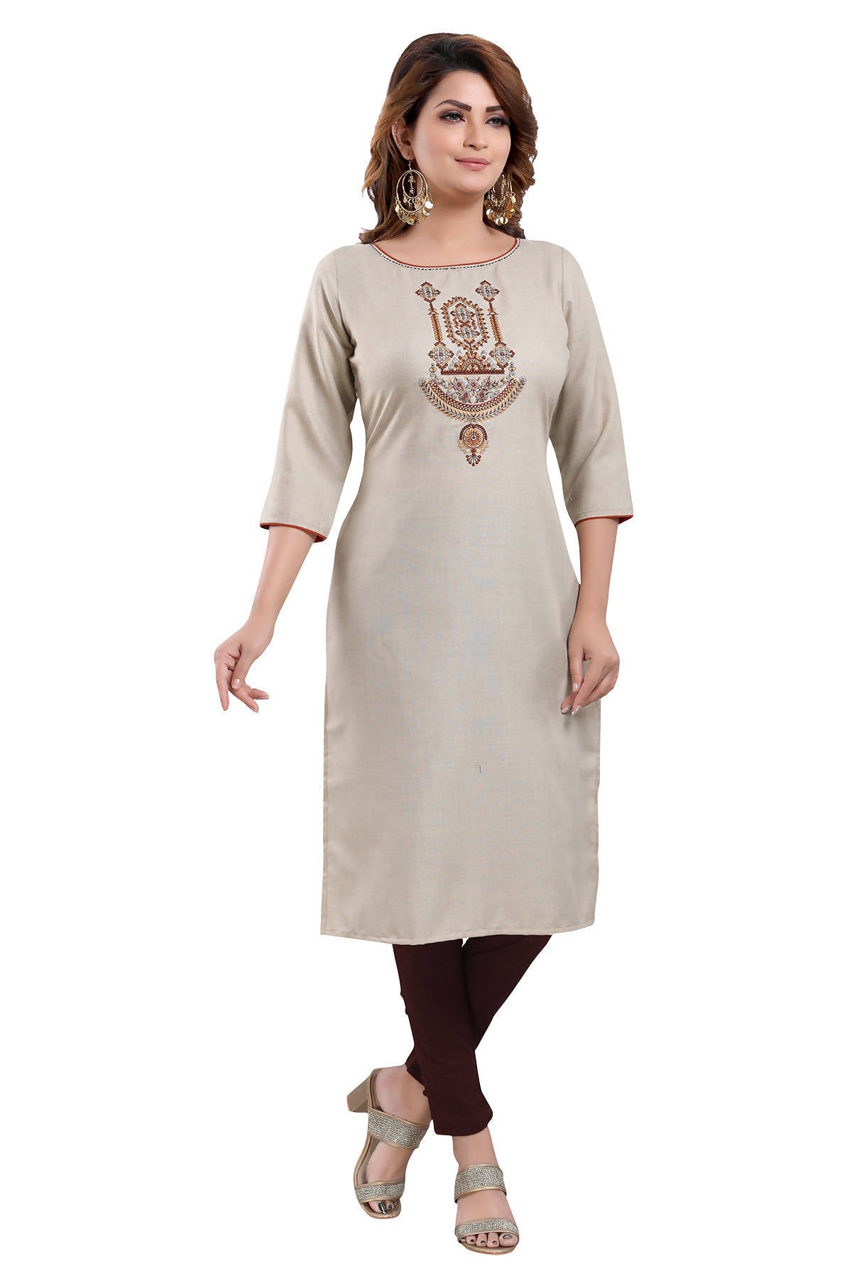 Snehal Creations Boastful Beige Color Casual Cotton Ladies Kurti With Embroidery