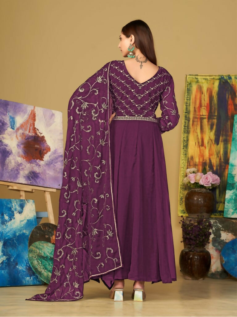 Jyoti Fashion Women's Purple Georgette Embroidered Anarkali Kurta Pant Set With Dupatta
