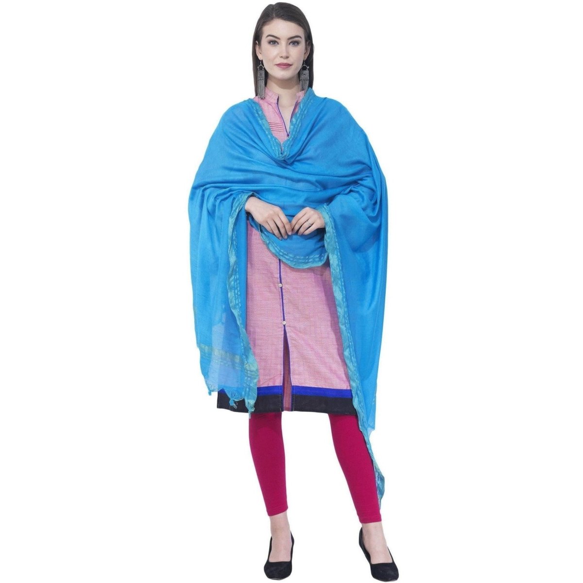 A R Silk Dark Sky Blue Color Golden Border Cotton Dupatta 
