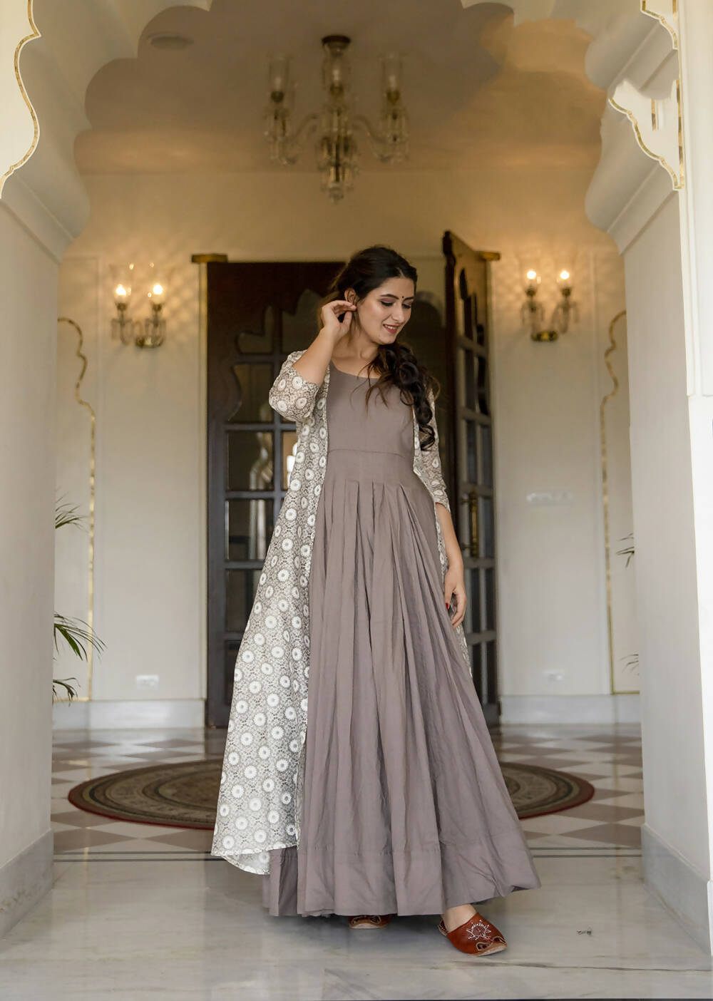 Partywear Designer Digital print Grey Maslin Gown - Anbazaar - Grab2buy