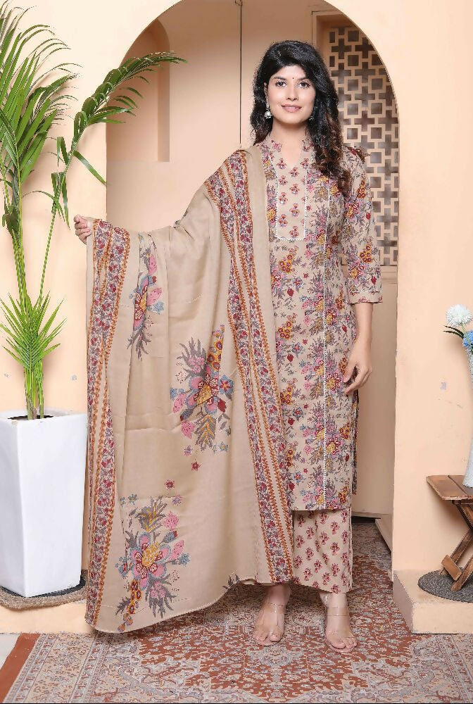 Miravan Womens Multicolor Floral Printed Pure Cotton Kurta And Palazzo With Dupatta Set
