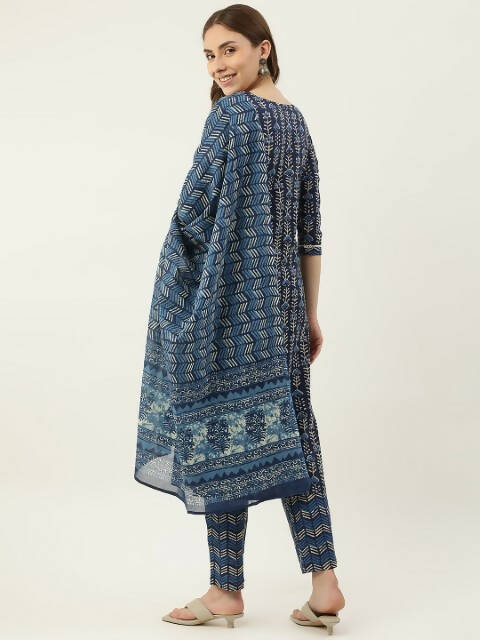 FIORRA Women's Blue Cotton Straight Kurta Pant With Dupatta 