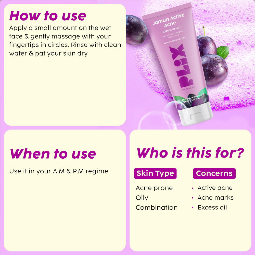 PLIX The Plant Fix Jamun Active Acne Regime With Cleanser, Toner & Moisturizer For Women & Men