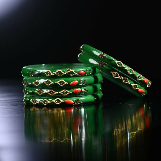 Afast Designer Fancy Party Bangle/ Kada Set, Green, Glass, Pack Of 8 - Grab2buy