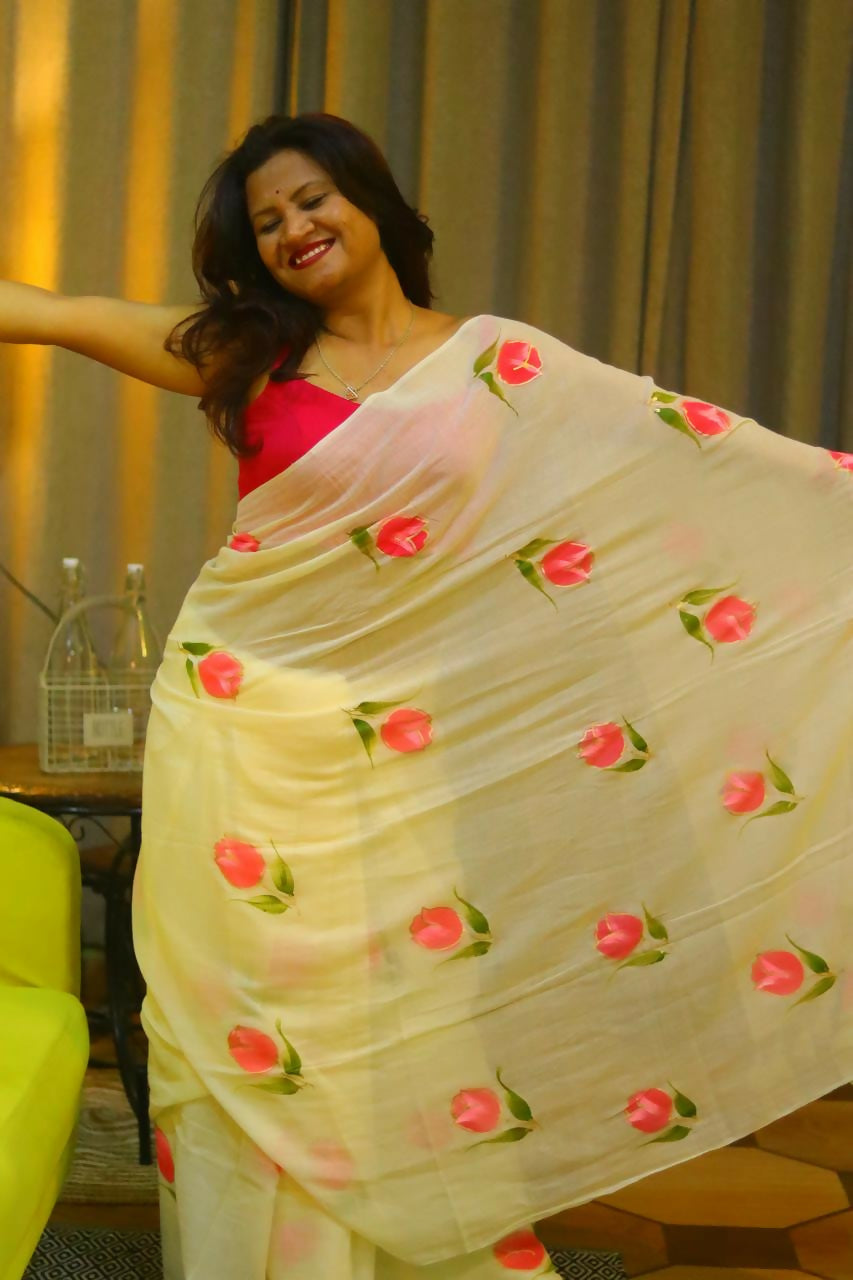 Exclusive Collection Beautiful Off White Pure Cotton Hand Print Handloom Grab2Buy With Running Blouse Piece 