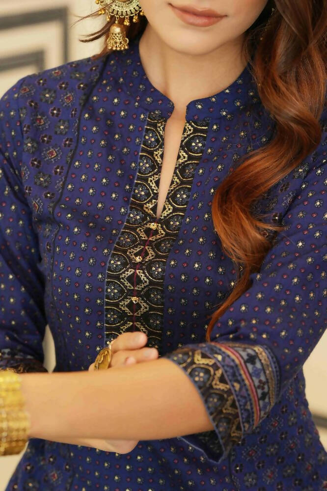 Juniper Indigo Rayon Festive Gold Foil Printed Straight Kurta For Women