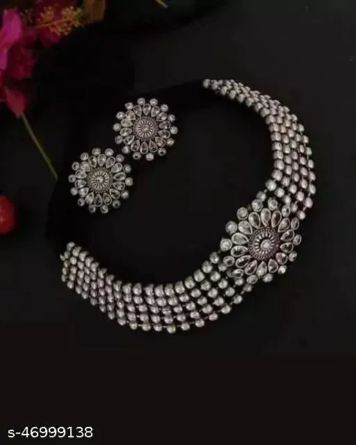 Tehzeeb Creations Women's Silver Colour Oxidised Necklace And Earrings With Kundan Tehzeeb Creations