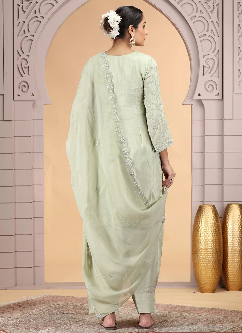 Chhap Light Green Colour Satin Silk Hand Work Salwar Suit 