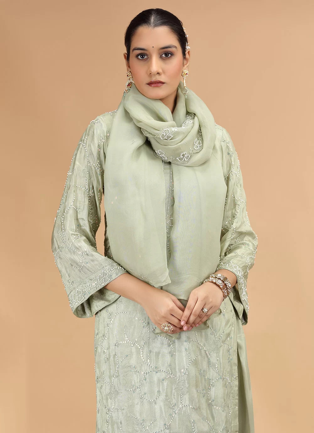 Chhap Light Green Colour Satin Silk Hand Work Salwar Suit 